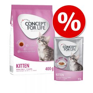 Provpack: 400 g / 3kg Concept for Life Kitten torrfoder + 12 x 85g Concept for Life Kitten våtfoder - 3 kg Kitten torrfoder + 12 x 85 g Kitten våtfoder i sås